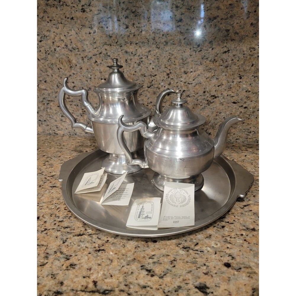 1970s Woodbury Pewter Colonial-Style Flip Lid Teapots Set Of 2 With  Tray